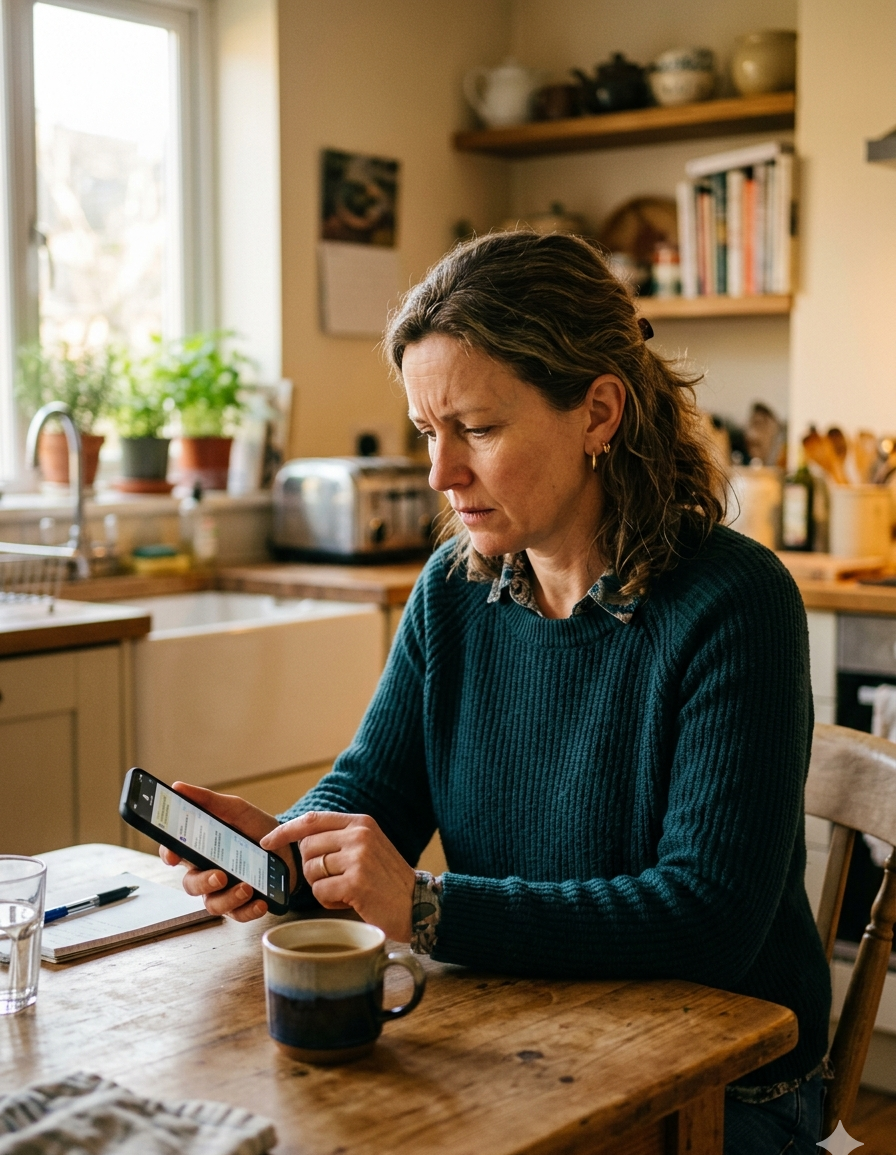 A woman in her 40s at a kitchen table looking at her phone with a focused, tired expression