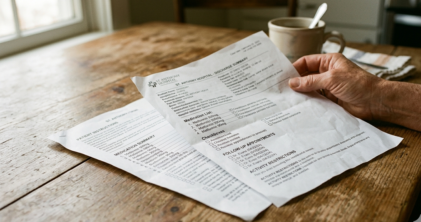 A hospital discharge pamphlet on a kitchen table